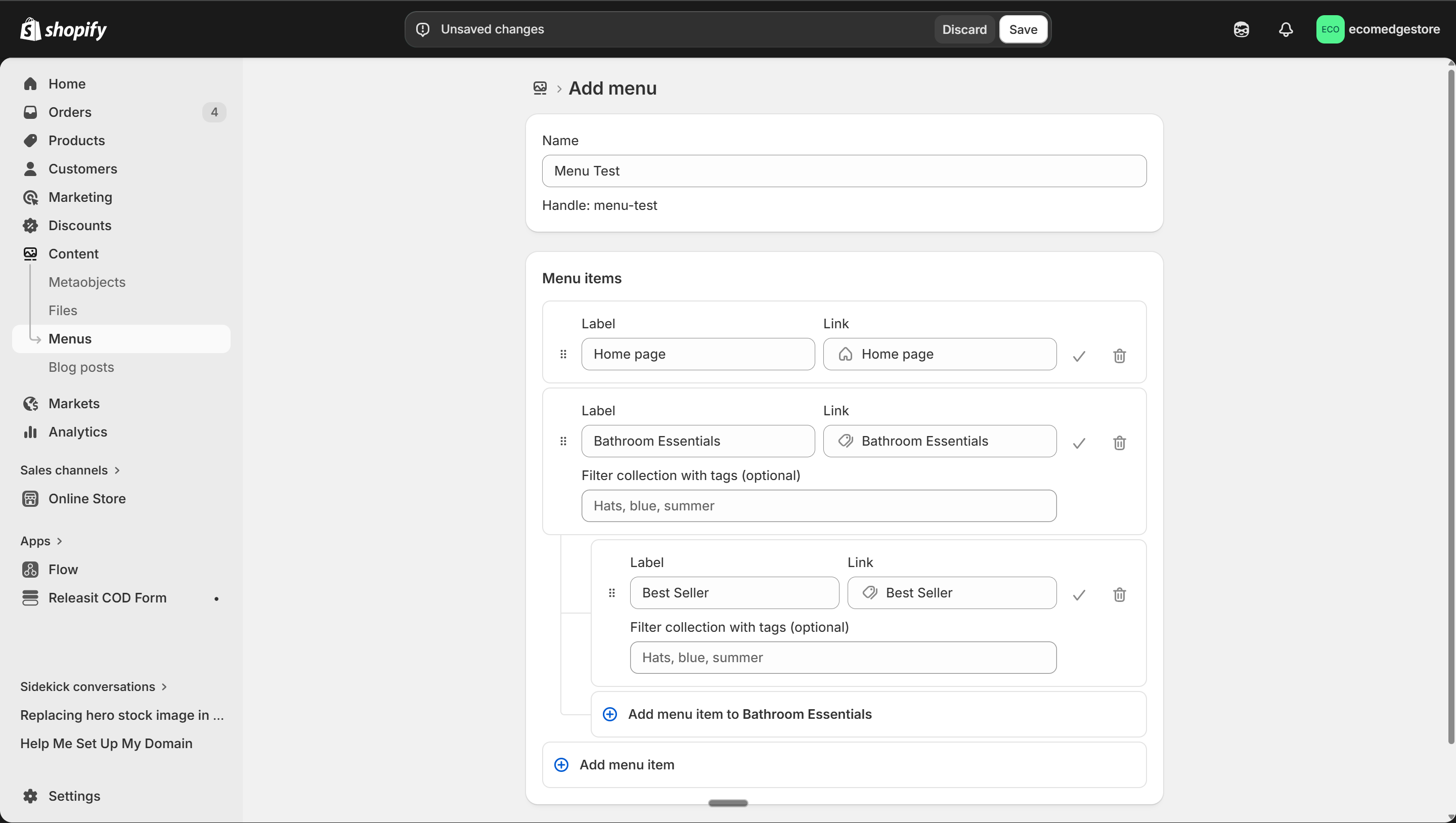 Menu editor — nested items and collection links